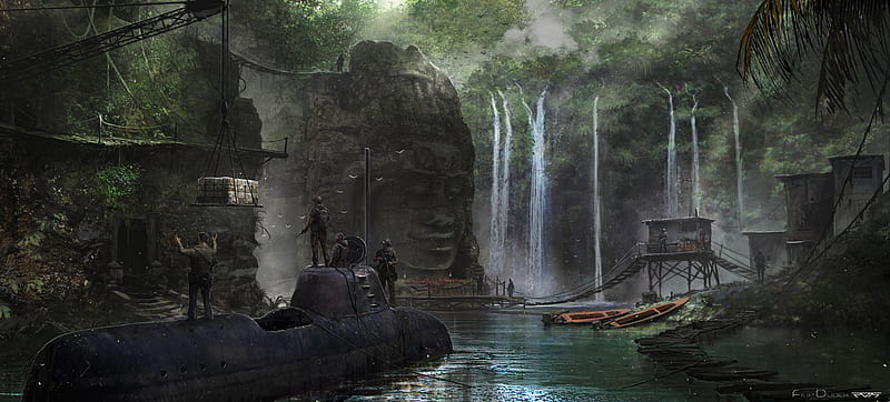 submarine, waterfall, nature, people, sci-fi, post-apocalyptic, Fantasy, HD wallpaper
