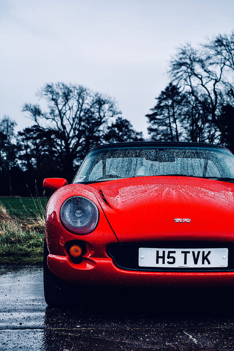 tvr, car, sportscar, red, wet, front view, HD phone wallpaper