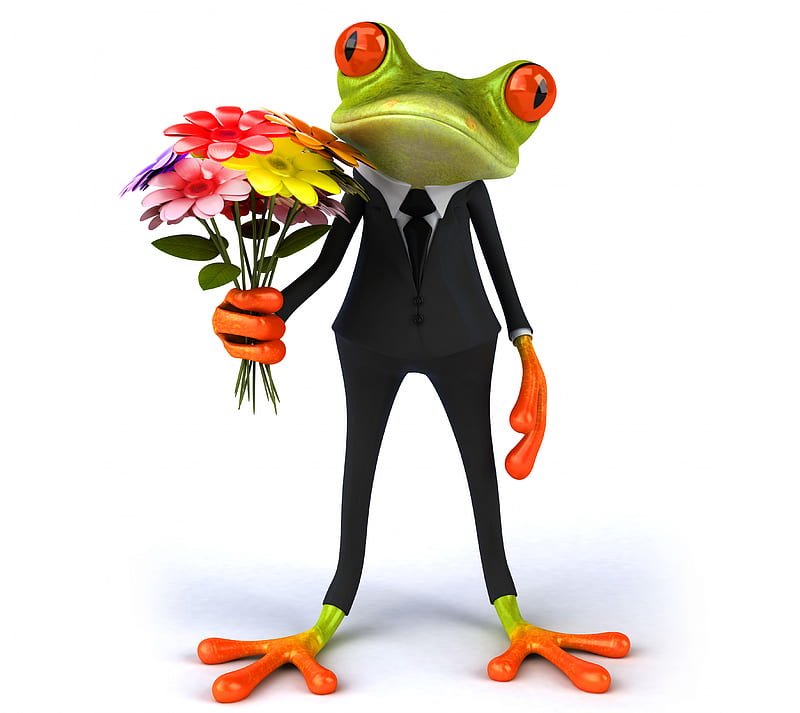 Cute Frog, 3 d background, abstract, flowers, funny frog, HD wallpaper