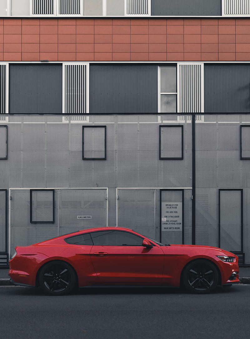 red Ford Mustang coupe parked beside the building, HD phone wallpaper