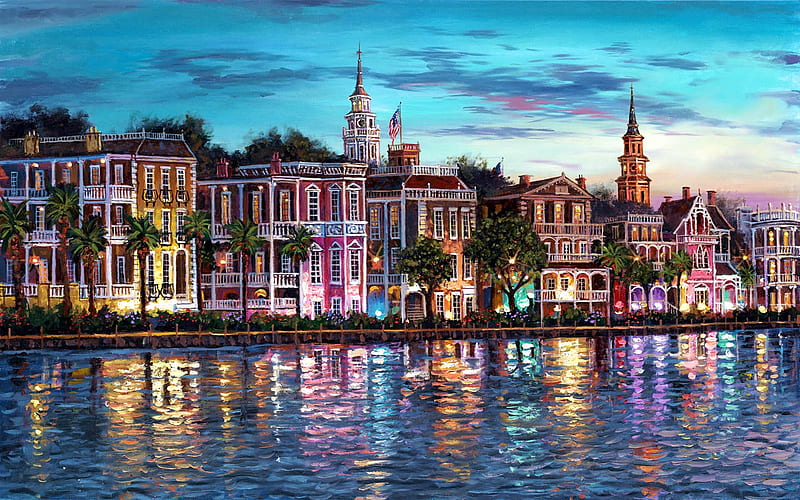 Charleston, artwork, buildings, painting, city, houses, water, reflections, HD wallpaper