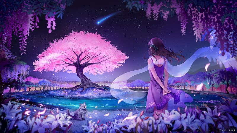 A Fairytale Night, digital, art, shooting star, cat, girl, flowers, sky, tree, HD wallpaper