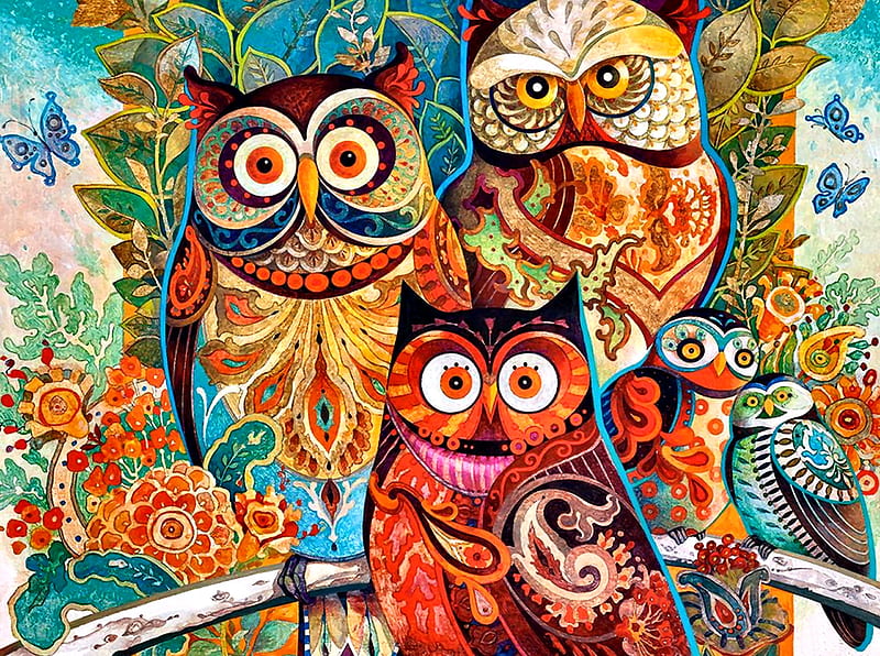 Brightly Colored Owls F2Cmp, art, bonito, abstract, illustration, owls, artwork, animal, bird, avian, painting, wide screen, wildlife, nature, HD wallpaper