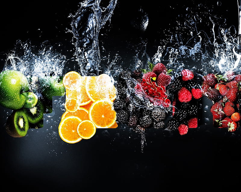 Fruits, berried, kiwi, orange, splash, water, waterdrops, HD wallpaper