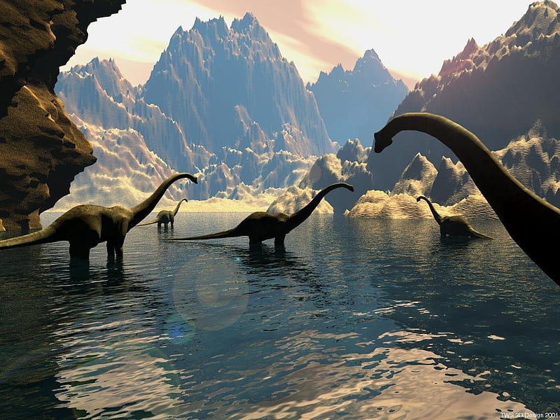 Dinosaurs, mountais, water, mountains, HD wallpaper