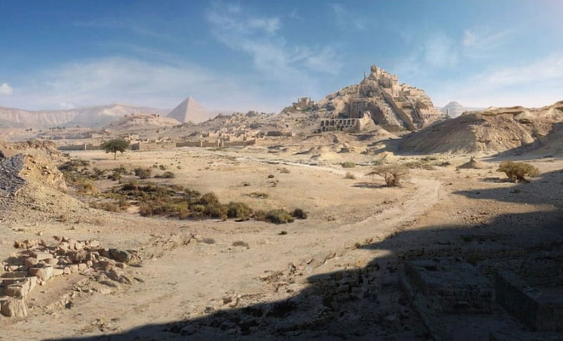 Desert, temple, pyramid, road, HD wallpaper