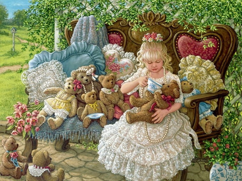 Holly's Bears, teddybears, girl, painting, flowers, garden, sofa, artwork, vintage, HD wallpaper