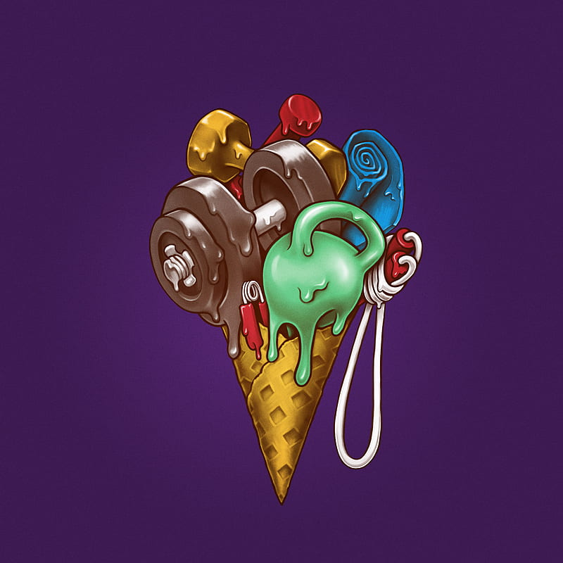 Ice Cream Workout, c0y0te7, coach, diet, dumbbell, dumbbells, fit, fitness, food, gym, icecream, jumping, purple, rope, sport, surreal, surrealism, surrealist, surrealistic, workouts, HD phone wallpaper