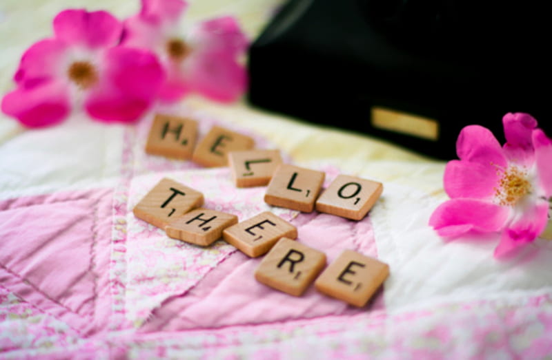 Hello There..!, words, flowers, hello, scrabble, greetings, tiles, HD wallpaper