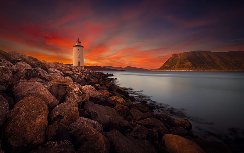 Lighthouse twilight sunset rocky shore-2017 Scenery, HD wallpaper