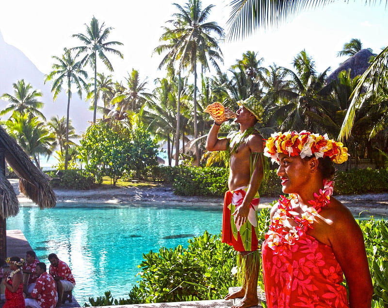 Tahitian Locals at The Intercontinental Thalasso Spa Bora Bora Tahiti Polynesia, polynesia, resort, french, Tahiti, perfect, palm, sea, atoll, lagoon, bora bora, polynesian, luxury, blue, hotel, exotic, islands, tahitian, ocean, lush, pacific, thalasso, trees, south, paradise, society, spa, island, tropical, HD wallpaper