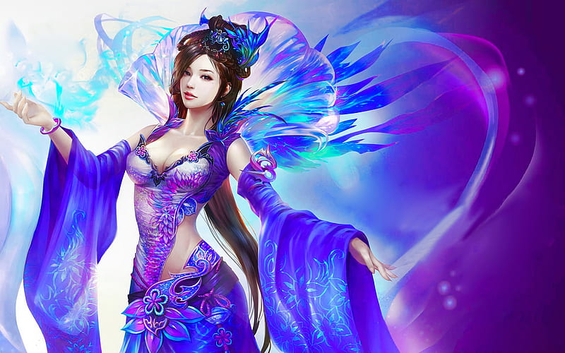 Fantasy girl, frumusete, fantasy, purple, luminos, girl, game, asian, blue, HD wallpaper