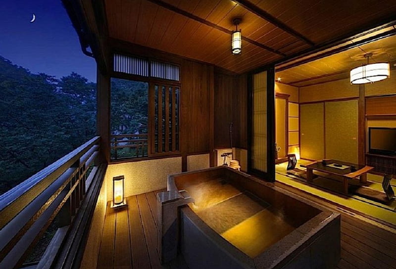 Japanese Room, lantern, japanese, onsen, hot spring, balcony, bath, japan, room, night, HD wallpaper