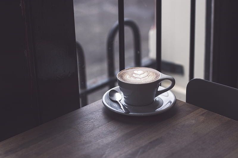 cappuccino in white teacup on brown wooden surface, HD wallpaper