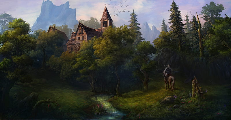 The Witcher, forest, house, luminos, game, man, horse, tree, fantasy, green, mansion, HD wallpaper
