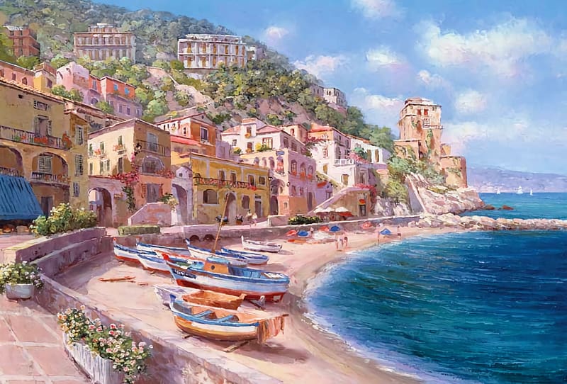 Cetara, Italy, artwork, sea, boats, coast, mediterranean, houses, beach, village, painting, HD wallpaper