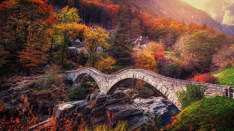 Ponte dei Salti, architecture, Switzerland, country, trees, construction, water, Bridge, river, HD wallpaper