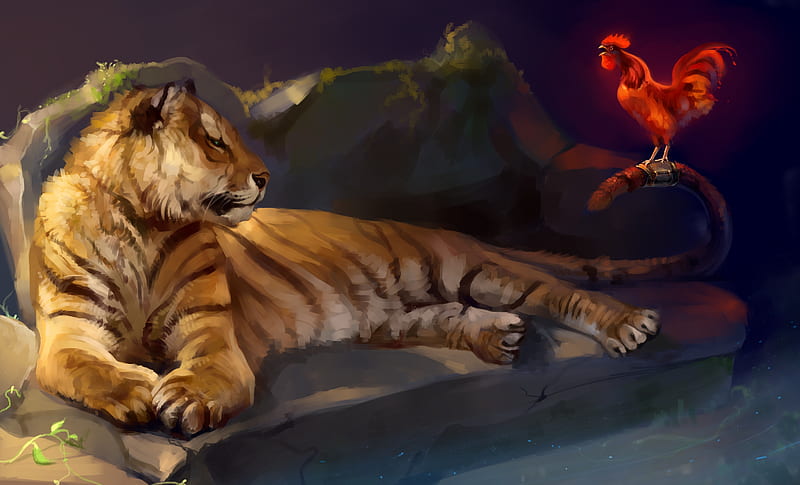 Rooster's song, red, rooster, art, fantasy, salamandra-s, luminos, tiger, animal, HD wallpaper