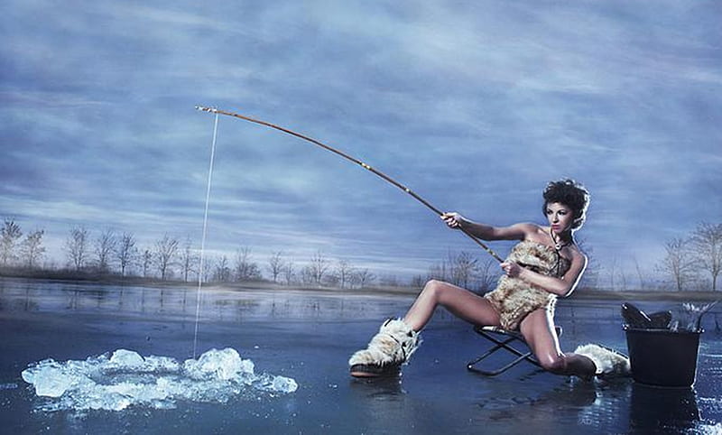 Ice Fishing, ice, model, woman, fish, HD wallpaper