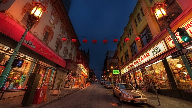 street in chinatown new york city, stores, street, night, lights, HD wallpaper