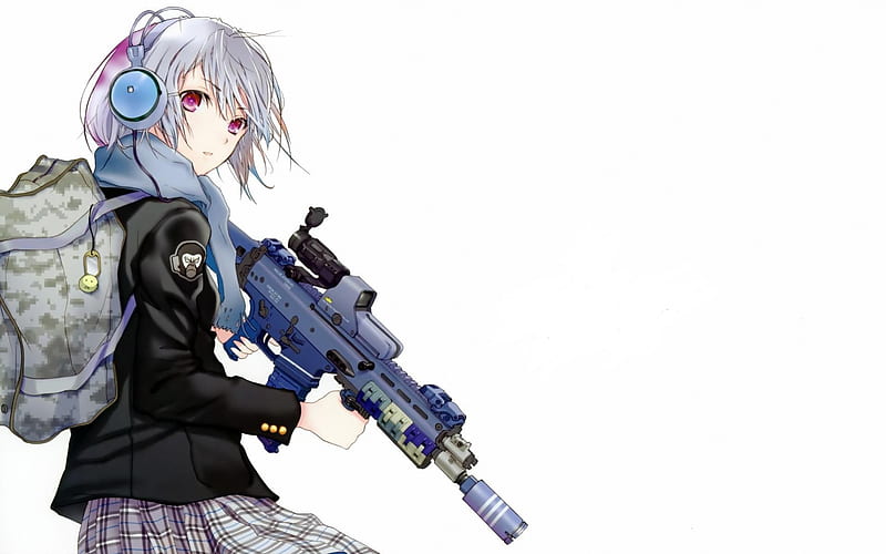Anime Girl - READY FIRE, back pack, gun, head phones, violet eyes, HD wallpaper