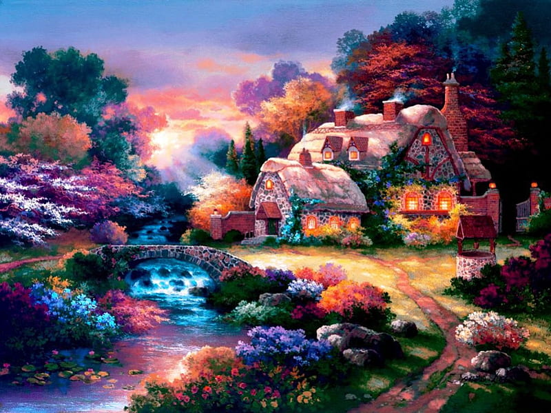 Garden Wishing-Well, cottage, painting, flowers, blossoms, river, evening, sunset, artwork, HD wallpaper