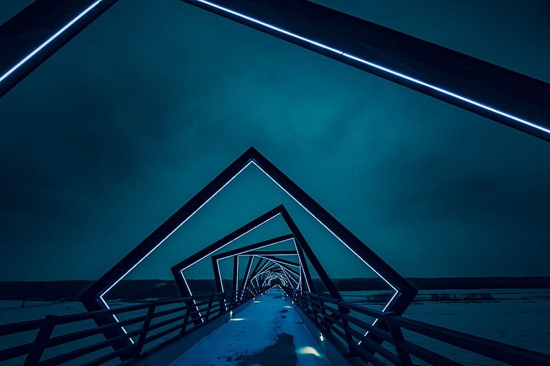 bridge, tunnel, neon, lights, blue, night, HD wallpaper