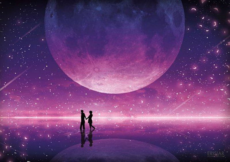 Space walk, purple, moon, love, couple, galaxy, stars, reflection, silhouette, HD wallpaper