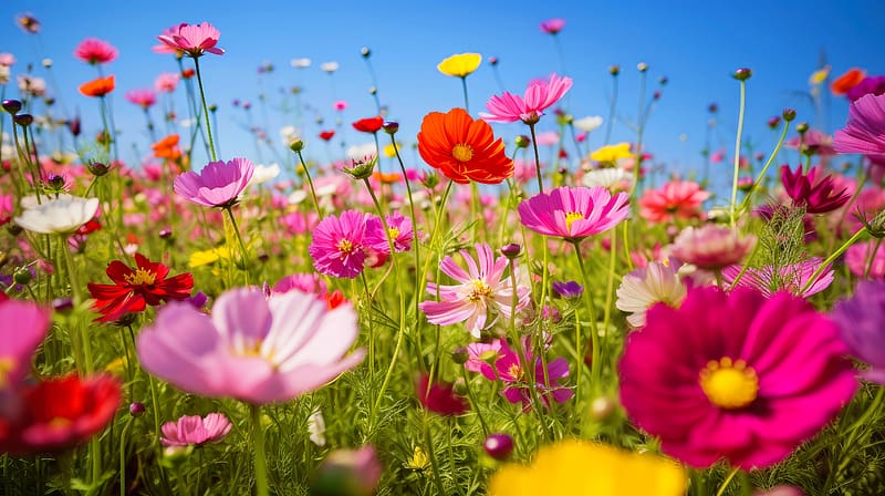 Floral background, colorful, summer, wildflowers, field, beautiful, flowers, cosmos, meadow, sky, HD wallpaper