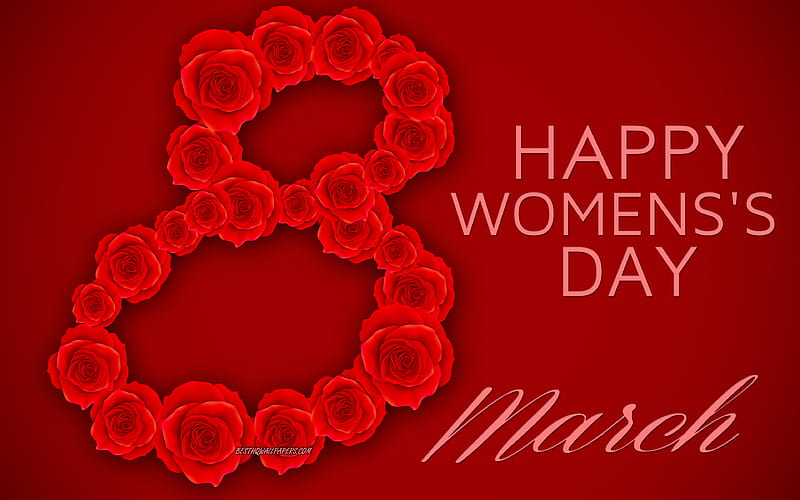 March 8, red roses, red background, Happy Women's Day, March 8 concepts, 8 from roses, red beautiful flowers, roses, greeting card, HD wallpaper