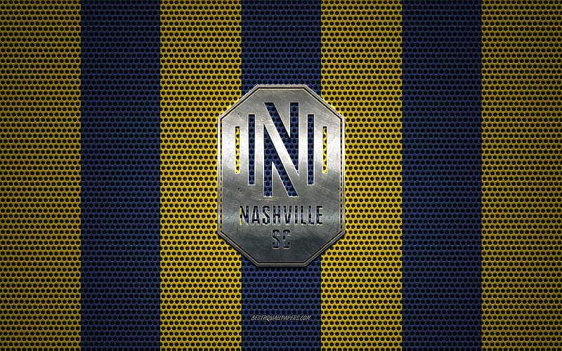 Nashville SC logo, American soccer club, metal emblem, Nashville SC new logo 2020, yellow-blue metal mesh background, Nashville SC, NHL, Nashville, Tennessee, USA, soccer, HD wallpaper
