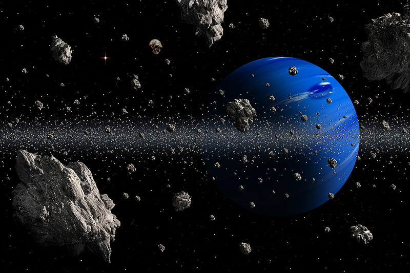 planet, asteroids, space, blue, asteroid belt, HD wallpaper