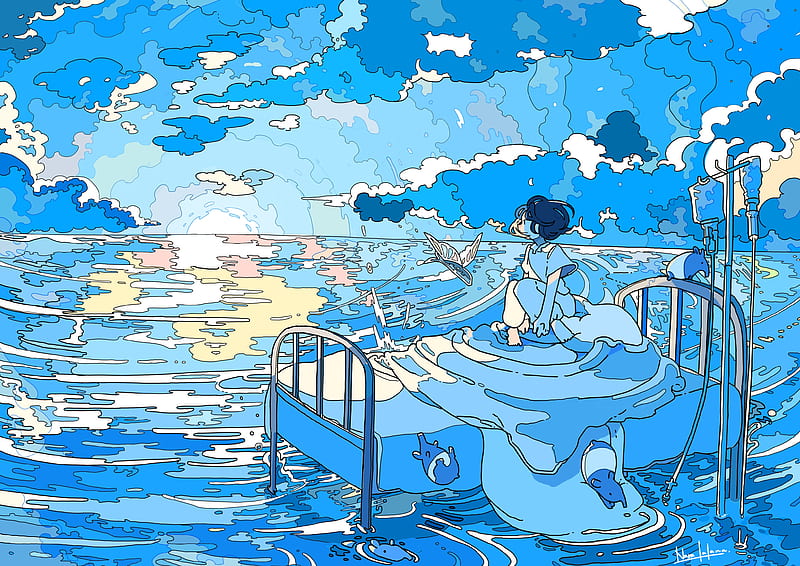 Romantic Anime Blue Sky White Clouds Sea Water Background Wallpaper Image  For Free Download - Pngtree