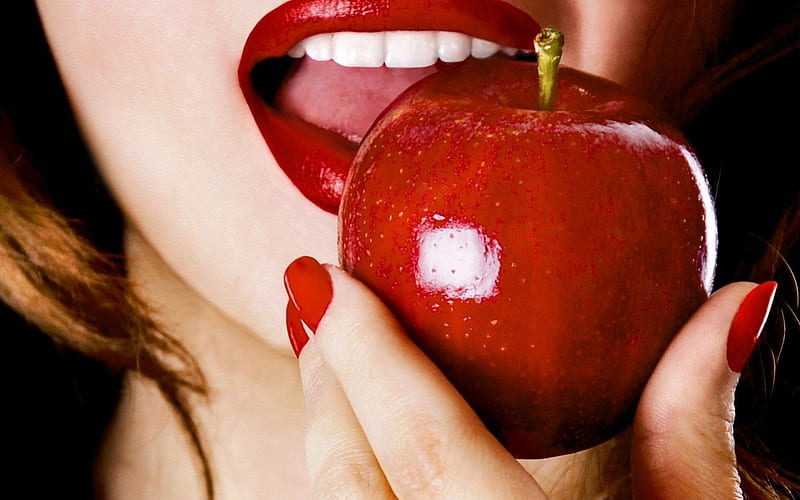 Red temptation, apple, red, mouth, food, lips, lipstick, sweet, dessert, fruit, hand, temptation, HD wallpaper