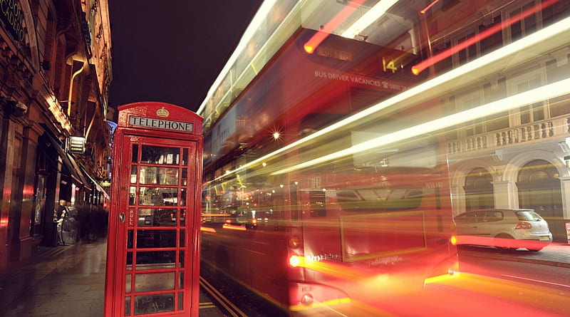 double decker bus in long exposure on london street, city, long exposure, phone booth, street, lights, bus, HD wallpaper