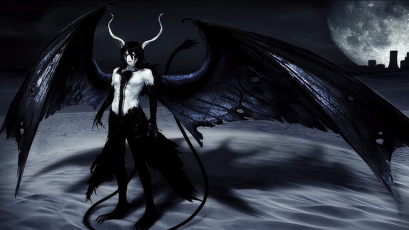 Vasto Lorde Ulquiorra, bleach, wings, vasto lorde, ulquiorra, tail, espada, moon, sand, anime, arrancar, ulquiorra schiffer, night, HD wallpaper