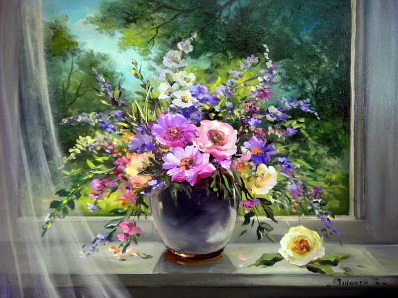 Vase with spring flowers, pretty, colorful, vase, bonito, fragrance, still life, nice, painting, flowers, art, lovely, view, scent, spring, roses, trees, nature, qundow, field, HD wallpaper