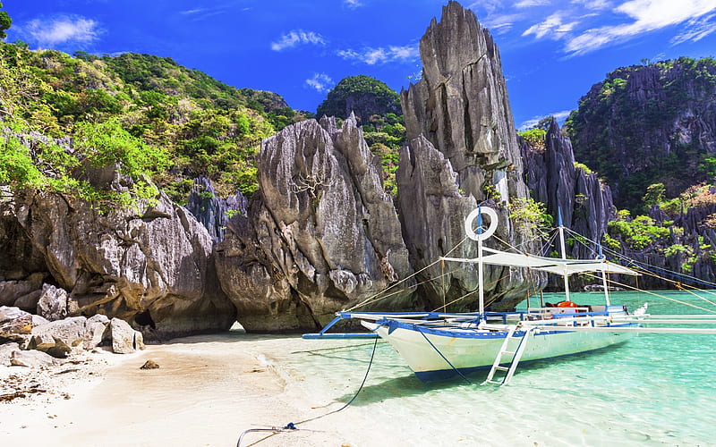 Tropical island, summer, Thailand, yacht, beach, rocks, summer vacation, HD wallpaper