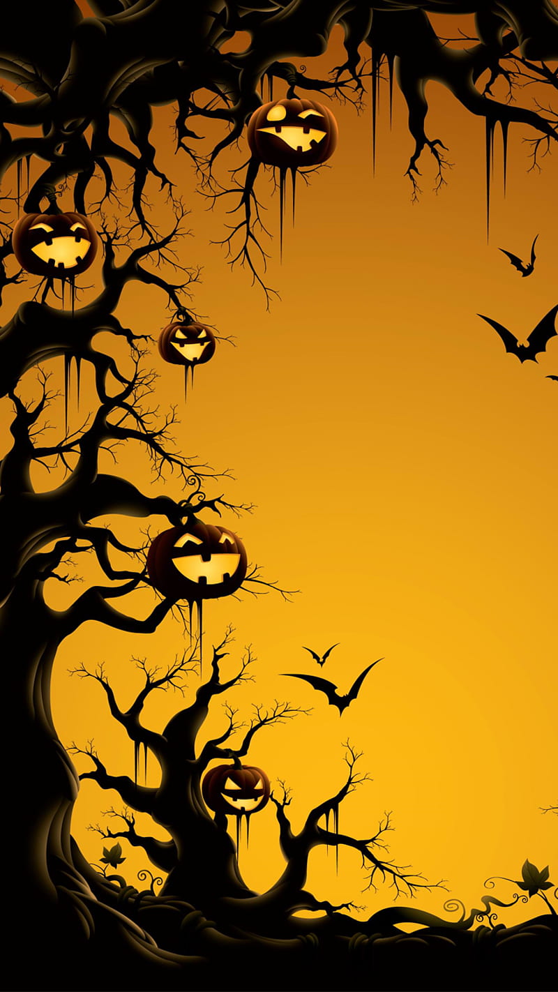 halloween tree, bats, orange, pumpkins, HD phone wallpaper