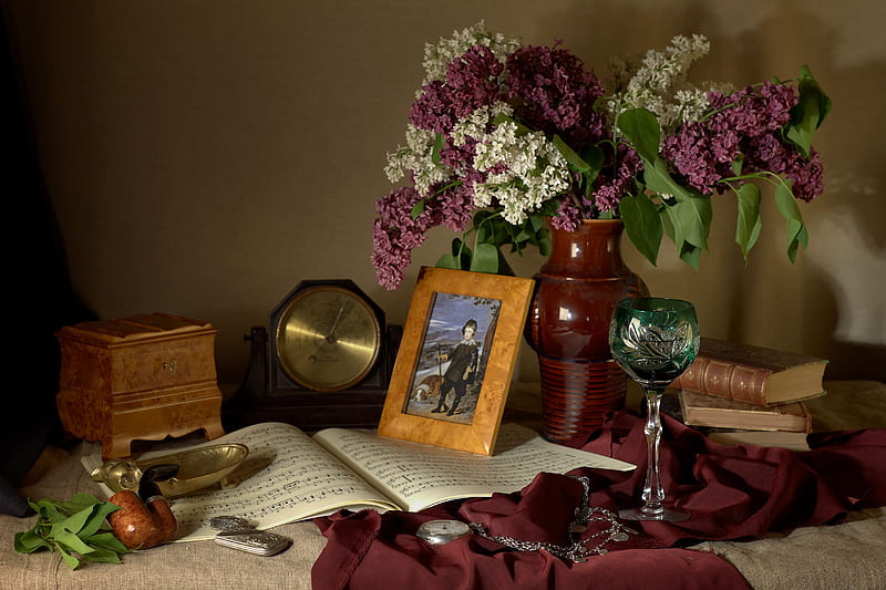 Still Life, lilac, book, vase, box, bonito, glass, watch, cigar, flowers, musical notes, HD wallpaper