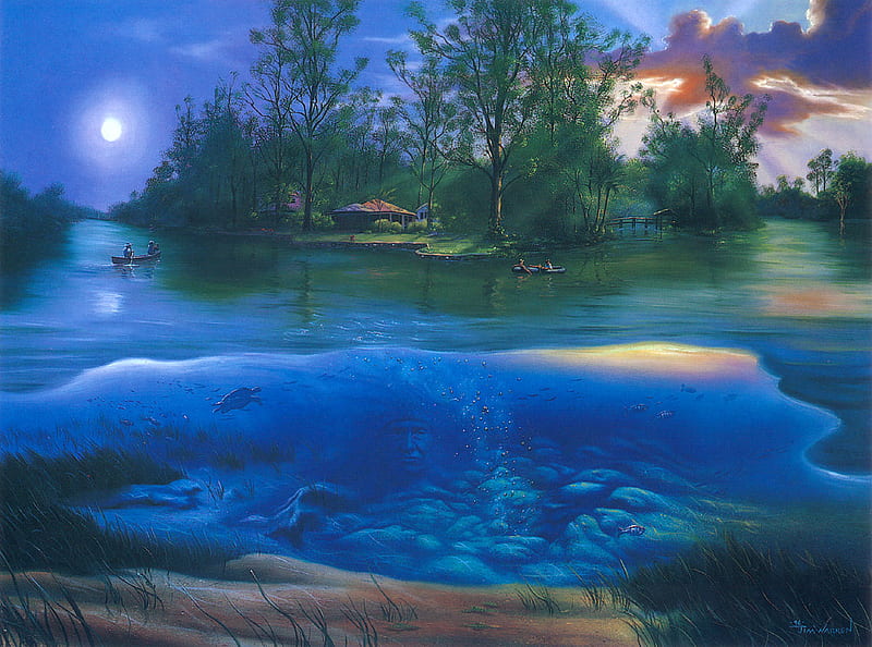 Jim Warren * Rainbow Springs, art, jim warren, moon, painting, blue, HD wallpaper