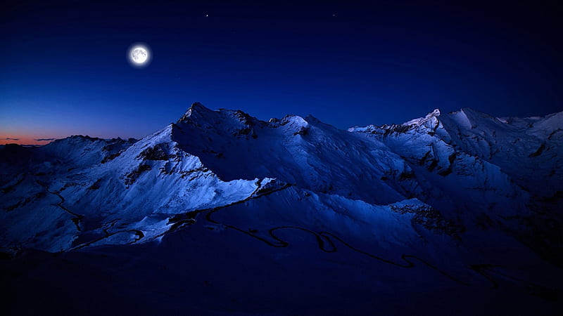 Blue Mountain MoonLight, sunset, sky, moon, mountains, full moon, sunrise, spectacular, Firefox Persona theme, blue, night, HD wallpaper
