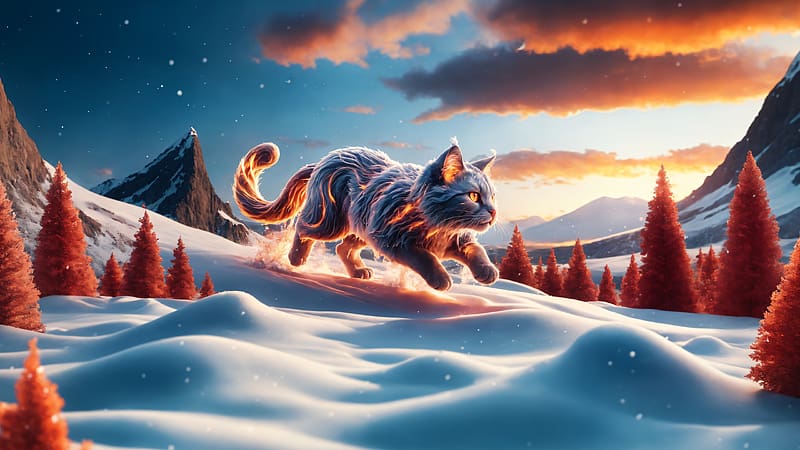 Fire Mountain Kitty, art, digital, clouds, trees, snow, cat, sky, HD wallpaper