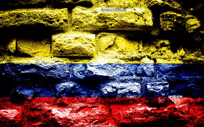 Colombia flag, grunge brick texture, Flag of Colombia, flag on brick wall, Colombia, Europe, flags of South American countries, HD wallpaper