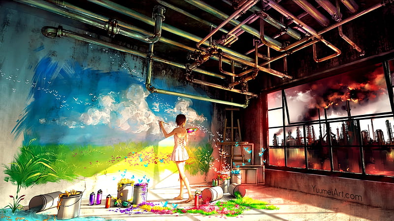 Landscape, art, window, girl, anime, wenqinq yan, painter, manga, HD wallpaper