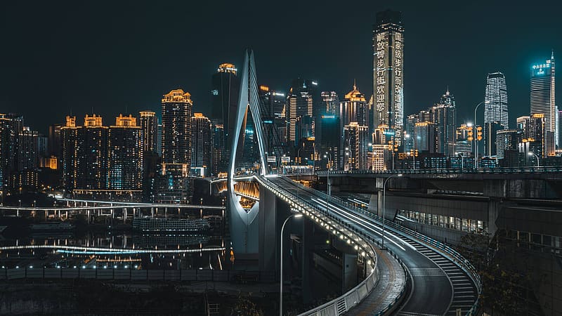 Cities, Night, City, Skyscraper, Building, Bridge, China, Chongqing, HD wallpaper