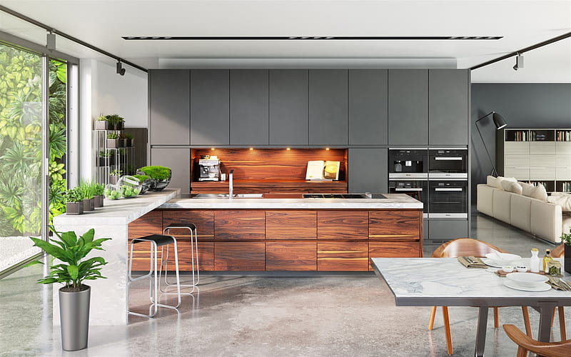 modern stylish kitchen, gray furniture, modern interior design, apartments, project, modern dining room, HD wallpaper