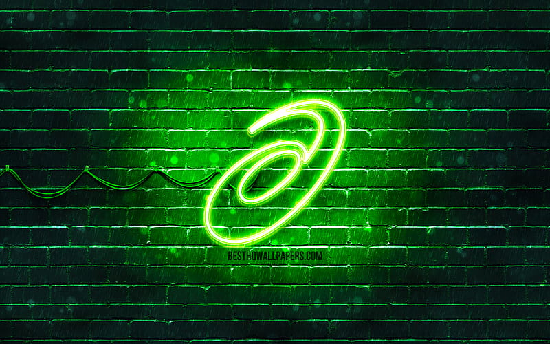 ASICS green logo green brickwall, ASICS logo, sports brands, ASICS neon logo, ASICS, HD wallpaper