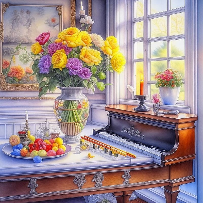 Bouquet by the window, Vase, Flowerpot, Candle, Piano, House, Window, HD wallpaper