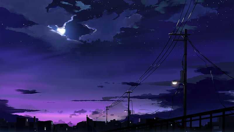 Power Lines Moon Anime Quite Night , anime, artist, artwork, digital-art, , sky, night, HD wallpaper